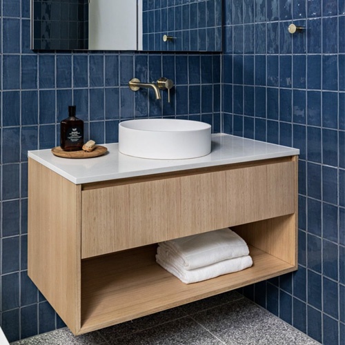 Floating bath vanities with wood tone vanity base and white artificial ...