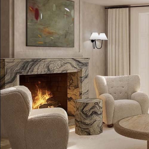 Living room renovation with marble fireplace