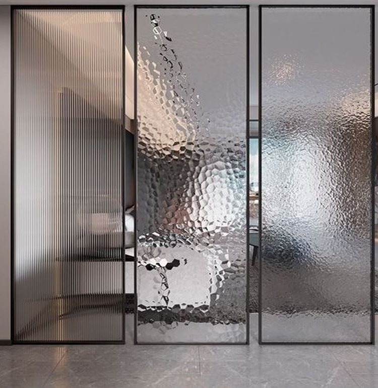interior wall partition by textured glass panel