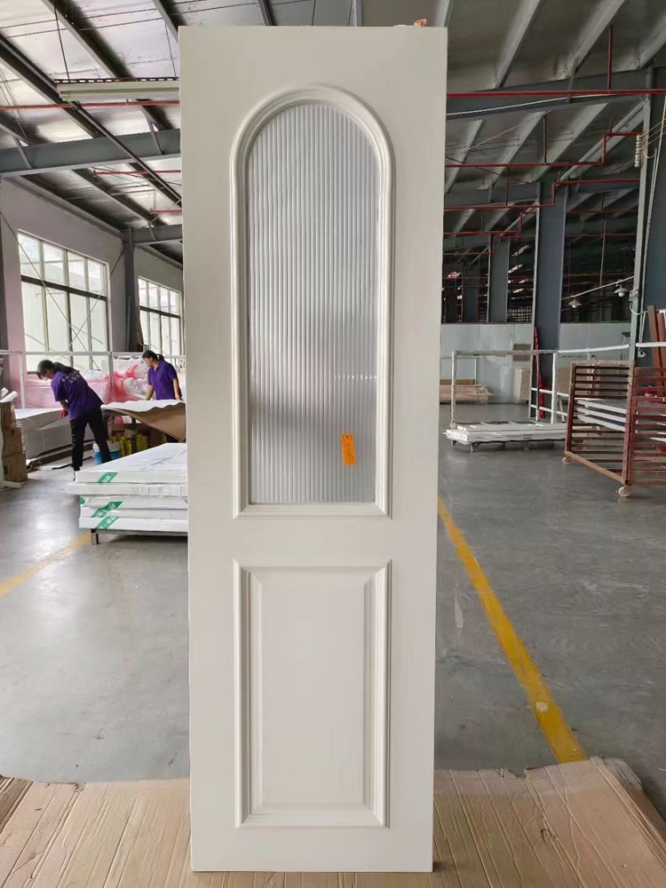 lacquered wooden door with obscure glass lite