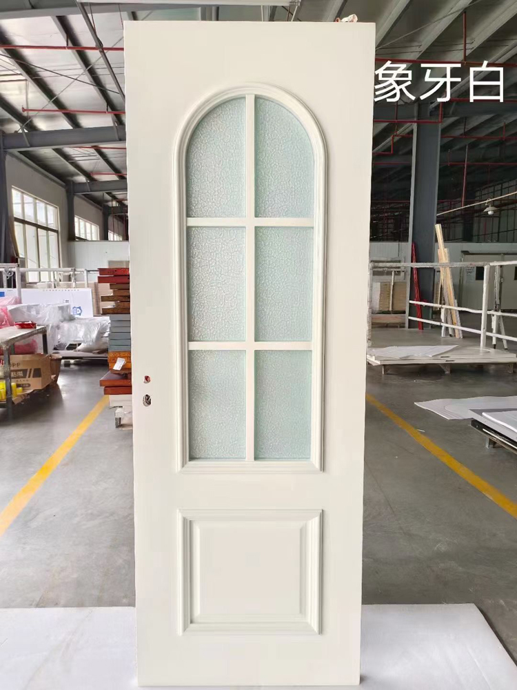 raised and embossed wooden door with reed textured glass lite