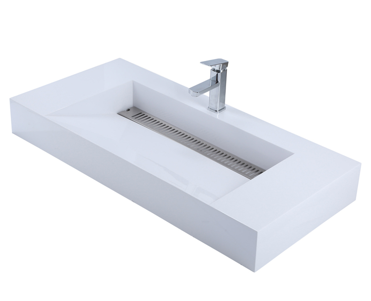 solid surface ramping basin with perforated stainless steel drain cover