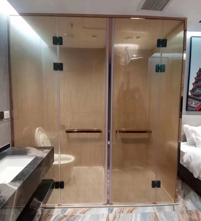 Inline glass shower screen with exposed swinging hinges