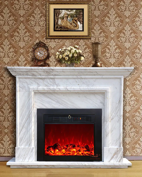 Marble fireplace mantel with electrical fireplace