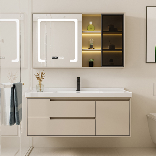 modern floating bathroom vanity with medicine mirror cabinet