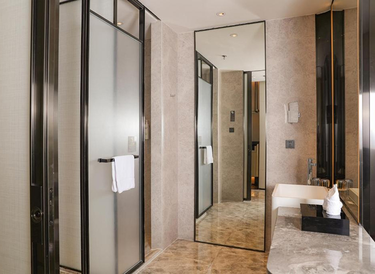 glass shower partition and wall dresser mirror for hotel bathroom