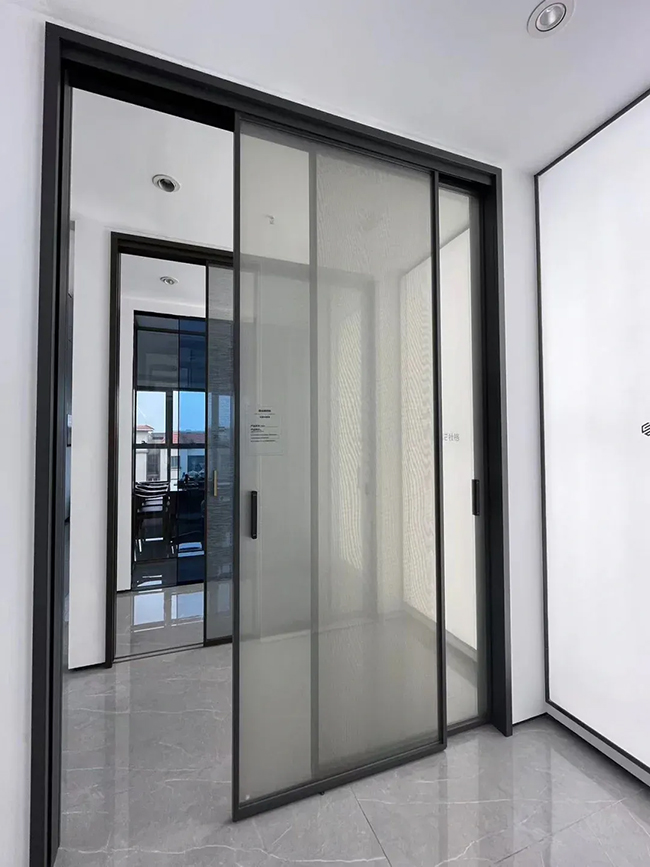 slimline sliding door with fabric laminated glass