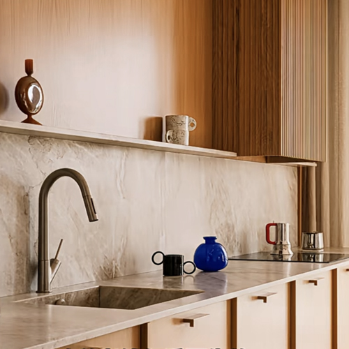 Taj Mahal Quartzite Kitchen Countertop and Full Backsplash