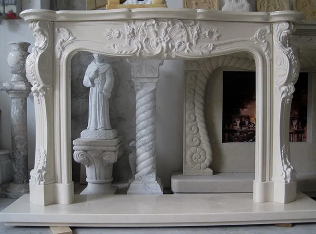 handcrafted fireplace mantel by marble Crema Marfil