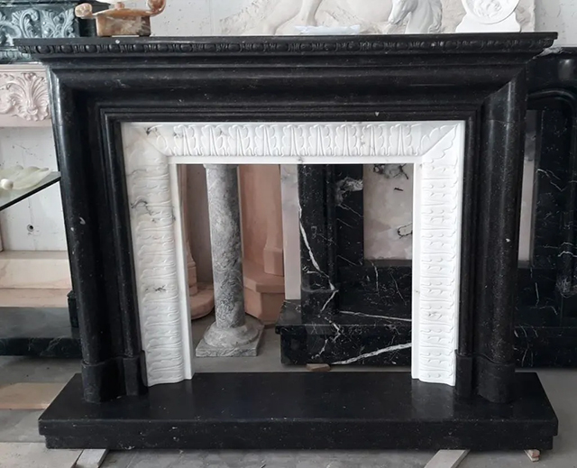 handcrafted fireplace mantel by marble nero marquina and insert by marble white statuario