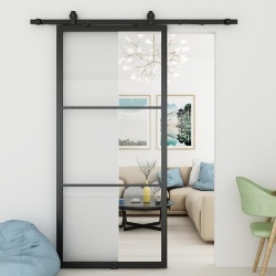 Glass barn door with industrial black metal frame and hardware kit