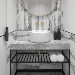 Grey marble lavatory countertop with metal vanity base