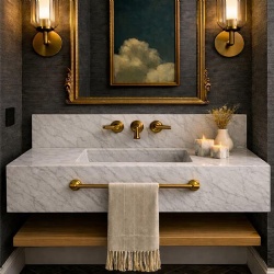 Hand carved Carrara marble floating vanity and wooden shelf