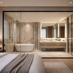 Interior Glass Wall Separating Bedroom and Bathroom