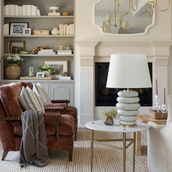 Limestone Fireplace Mantel with Surrounding Millwork