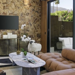 Marble coffee table in premier studio suite of luxury resort