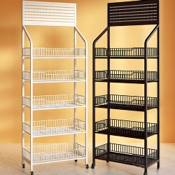 Metal shelves for supermarket and store with rolling wheel
