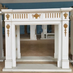 Neoclassical Hand Carved White Marble Fireplace Mantle with ornate decorative elements