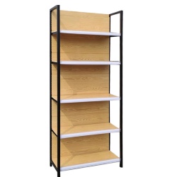 Retail shop display shelves with metal and wood