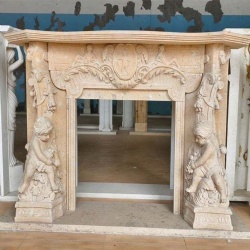 Romantic Hand Carved Fireplace Mantle With Cherubs And Shield Cartouch