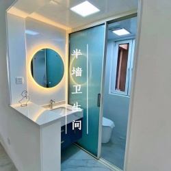 Sliding Glass Divider between Toilet and Bath Vanities