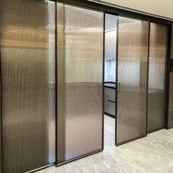 Symmetric sliding aluminum door with fabric laminated glass panel