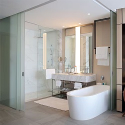 Telescopic bathroom partition by frosted glass