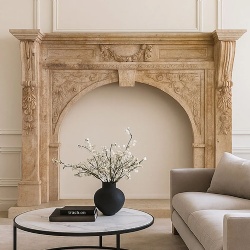 Travertine fireplace mantel exudes rustic elegance