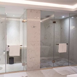 bathroom inline partition with swinging door by clear tempered glass