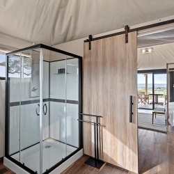 interior wooden barn door for lodge tent bathroom
