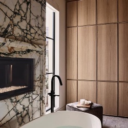 marble fireplace mantel flanked by windows