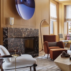 modern Portoro gold marble fireplace mantel