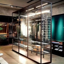 transparent wardrobe with aluminum frame and glass shelves