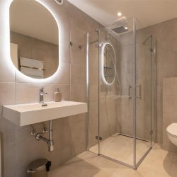 vanity mirror and glass shower enclosure in hotel bathroom