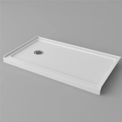 white acrylic shower base with stainless steel drain cover