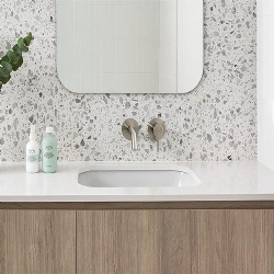 white engineered terrazzo vanity top