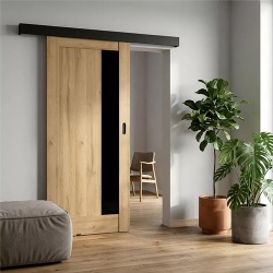 wooden barn door with black tinted glass